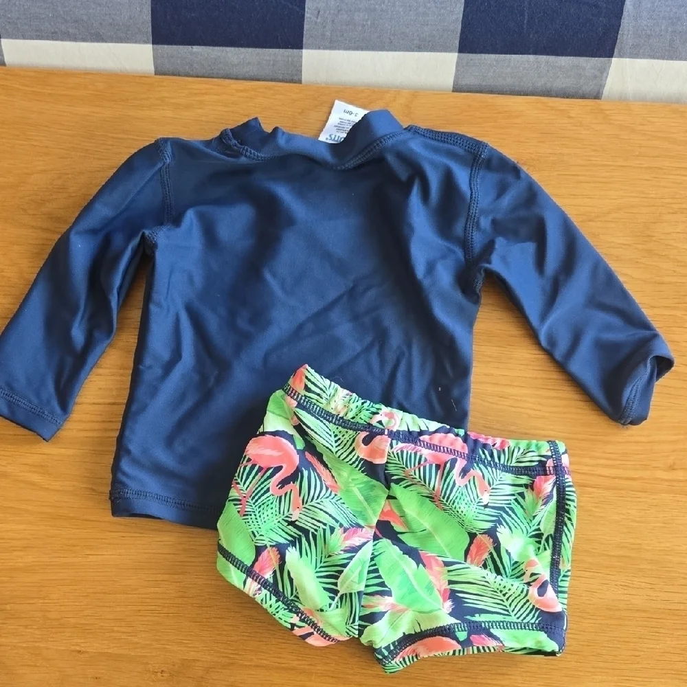 Rugged Butts Tropical Palm Navy Kids  Swim Suit Set, Adorable 3-6mos, EUC, Beach